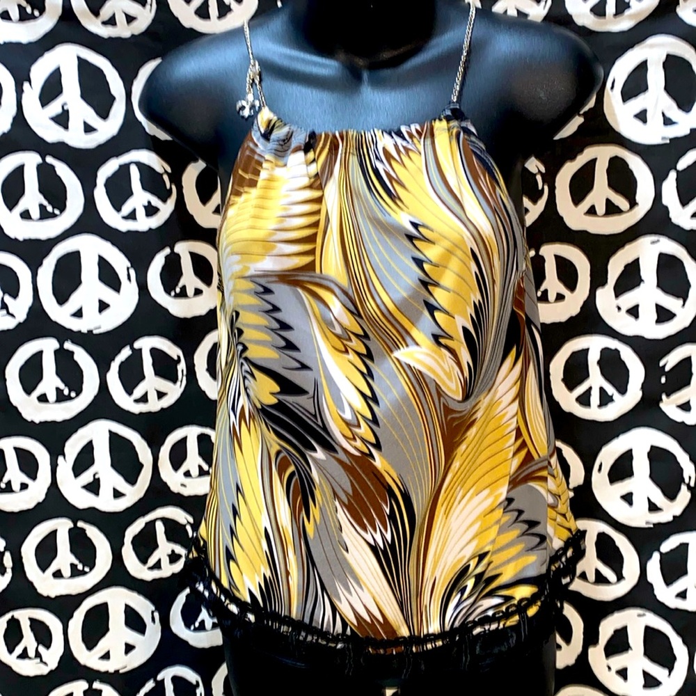 OH MY BOD  PRINT SLEEVELESS TANK LACE TRIM SZ S